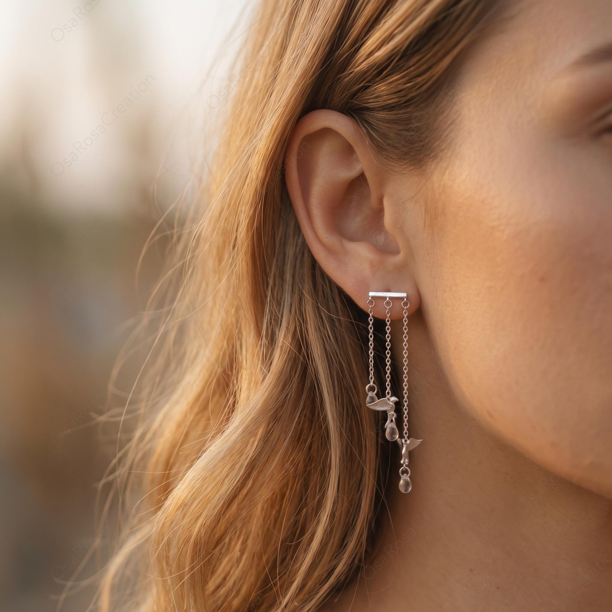 Kinetic Silver Bird Drop Earrings with Crystal Fringe – Nature Inspired Chandelier Jewelry