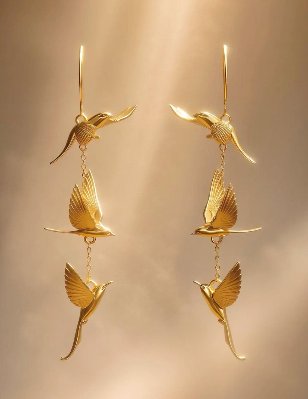 Golden Lark Dangle Earrings | 925 Sterling Silver Hooks | Bird-Inspired Long Earrings | Nature Jewelry Gift for Her | Lightweight Statement