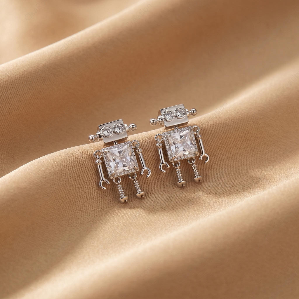 Sterling Robot Crystal Dangle Earrings, Retro Futuristic Geometric Jewelry