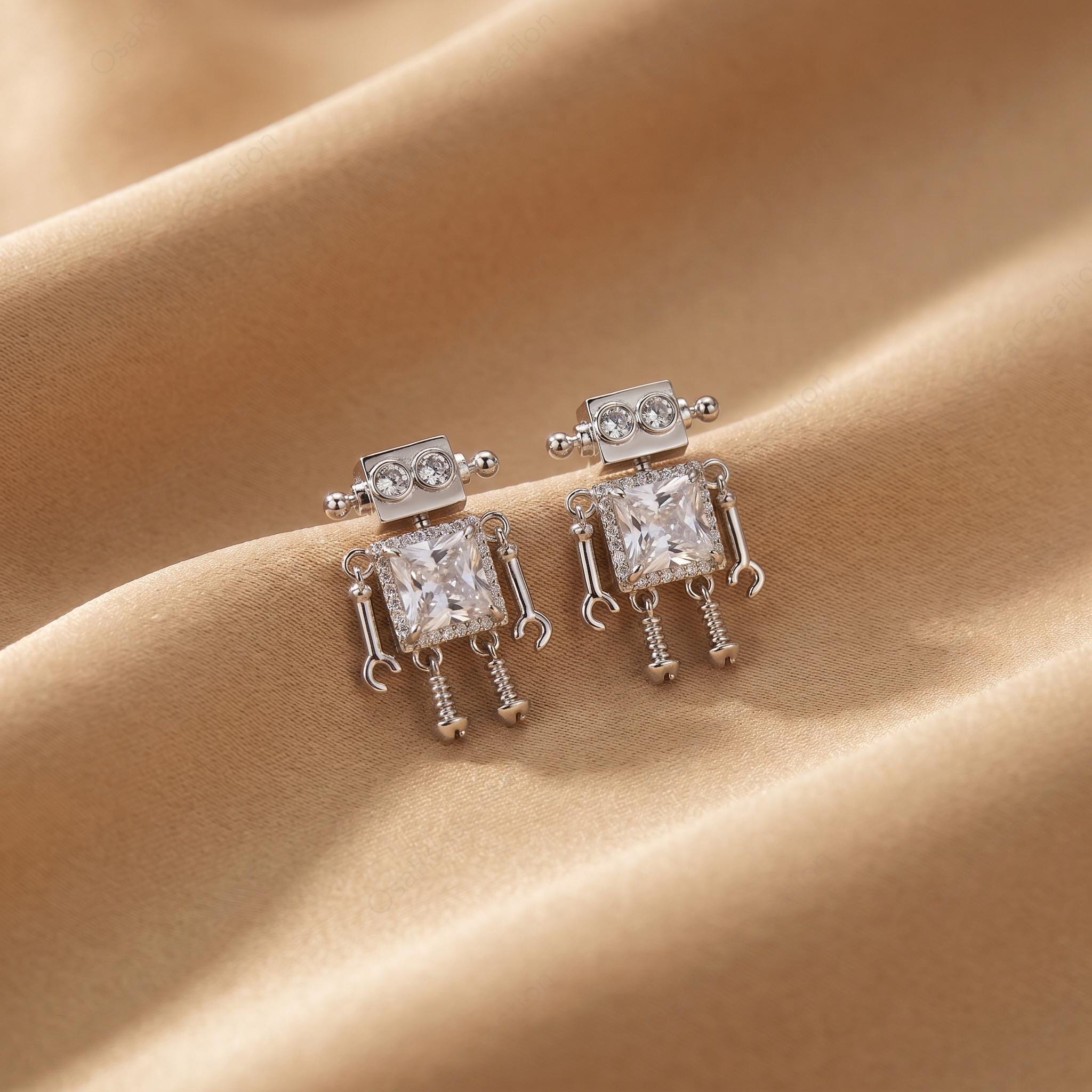 Sterling Robot Crystal Dangle Earrings, Retro Futuristic Geometric Jewelry