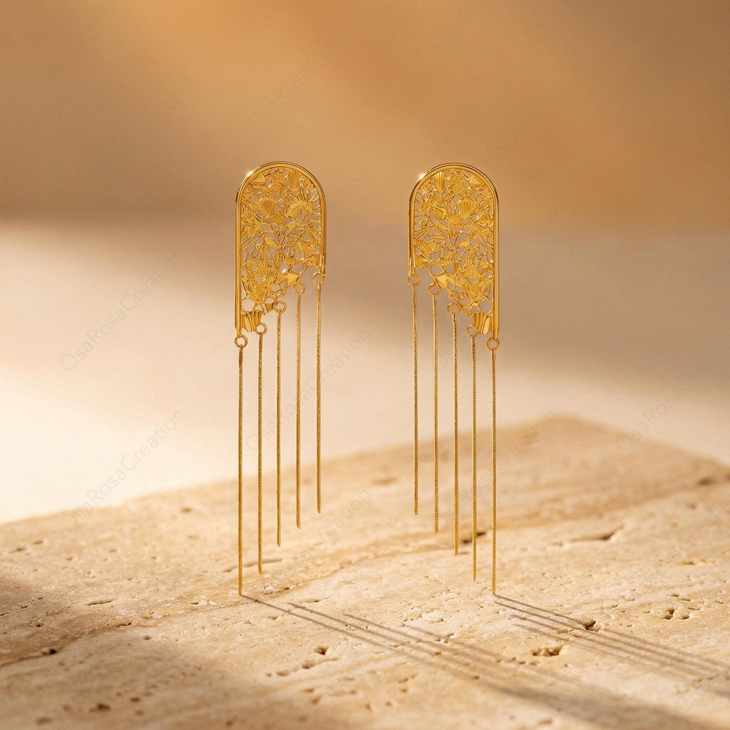 Vintage Gold Floral Arch Dangle Earrings – Botanical Lace Fringe, Romantic Wedding Jewelry (Clip-on)