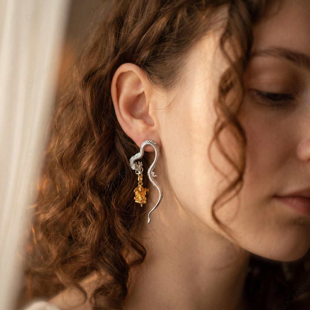 Silver Dragon Drop Earrings with Gold Fairy Charm Sculptural