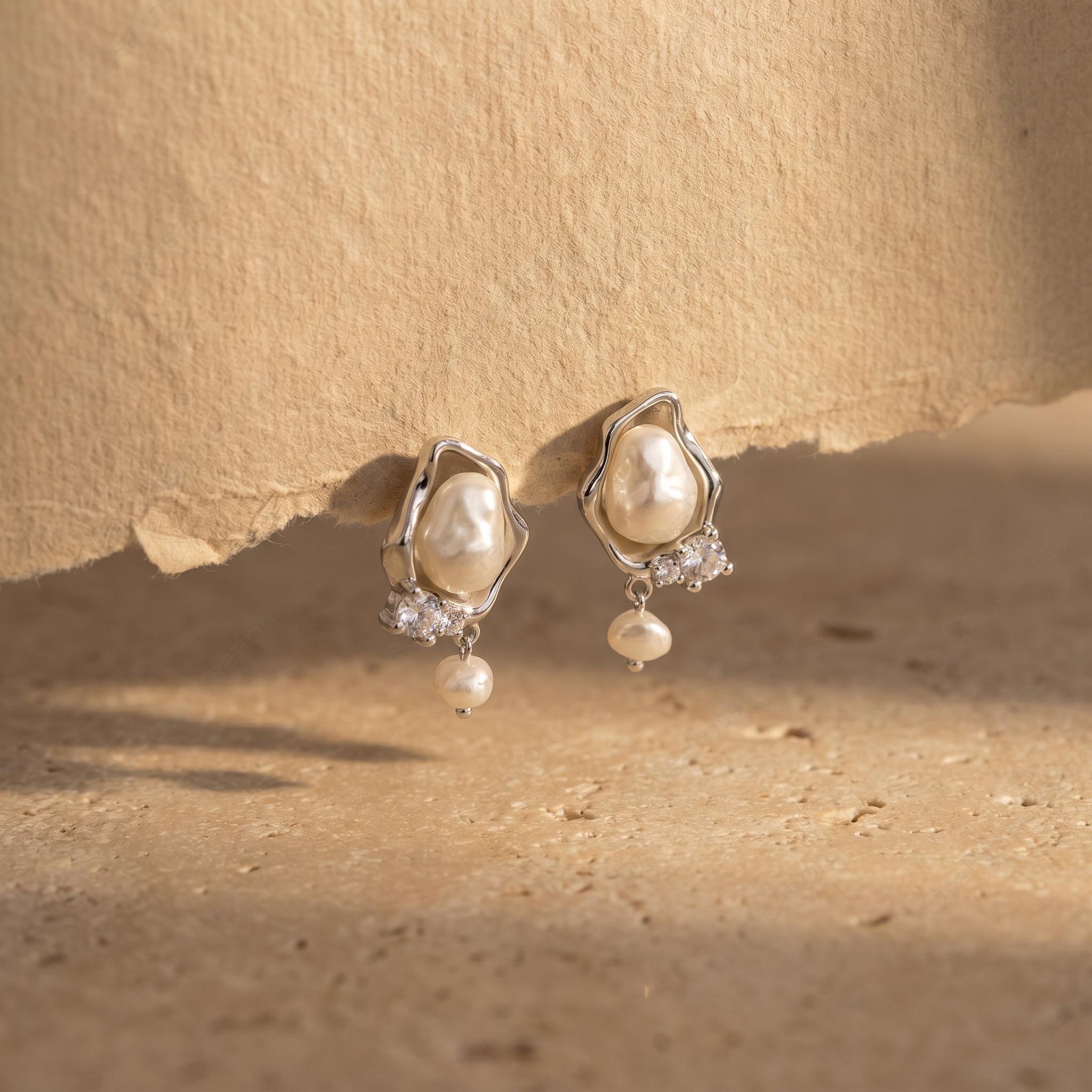 Silver Baroque Pearl Drop Earrings, Organic Wavy Studs, Bridal Jewelry