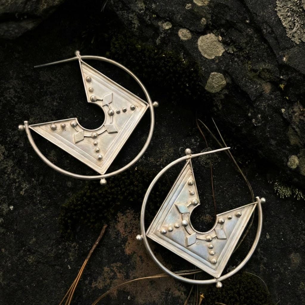 Matte Silver Geometric Hoop Earrings • Tribal Square Shield Studs • Brutalist Jewelry