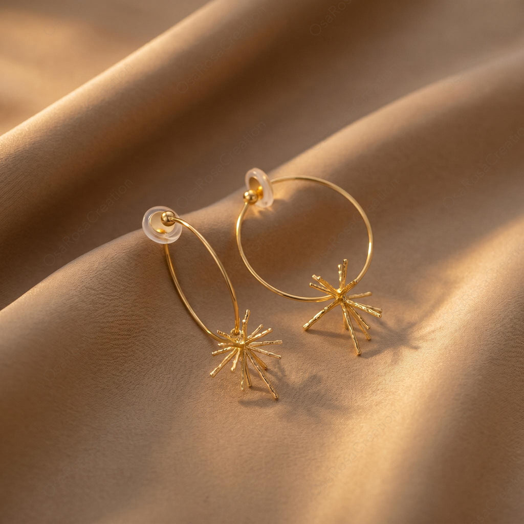 Hammered Gold Sunburst Hoop Earrings, Celestial Starburst Dangle Jewelry