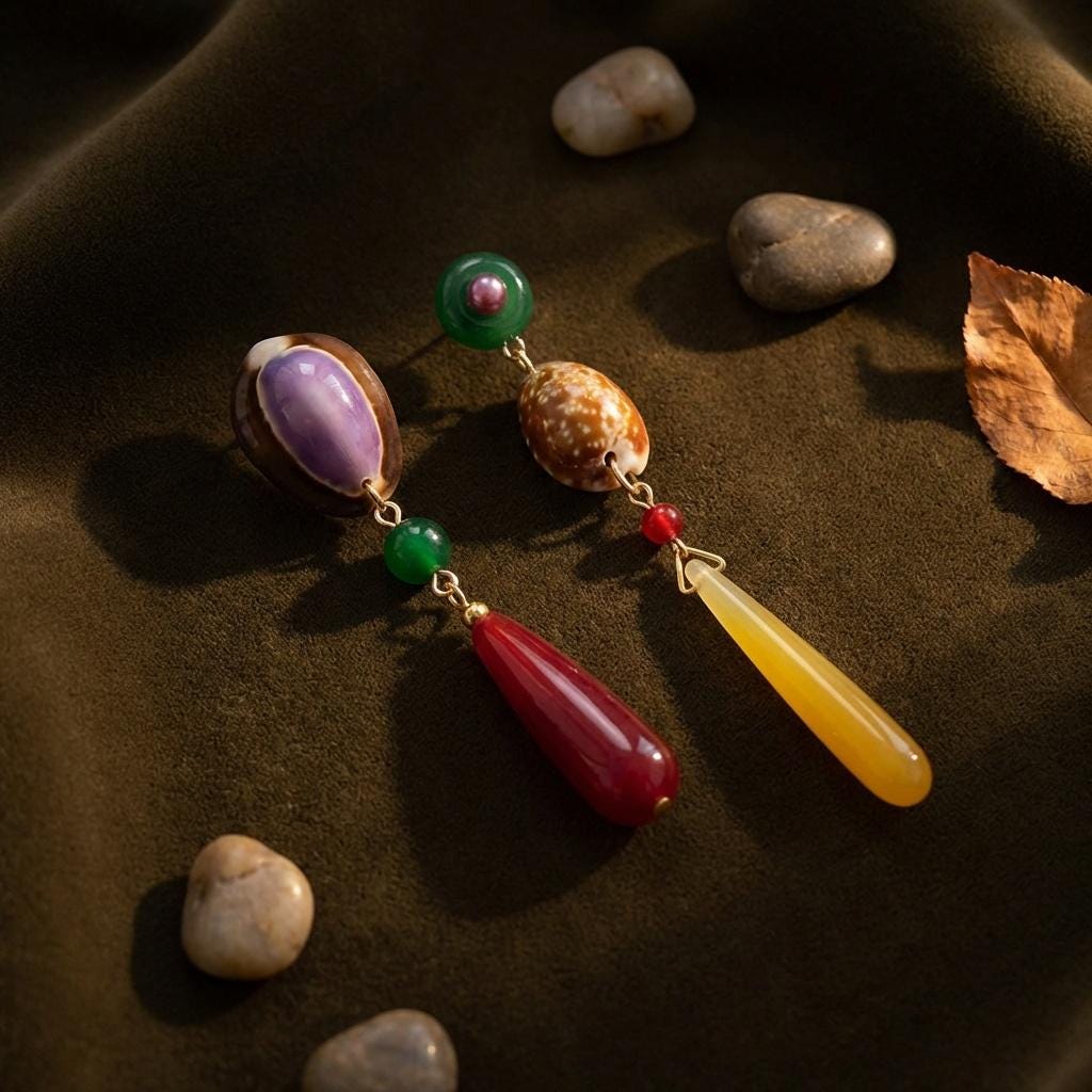 Cowrie Shell Dangle Earrings • Green Agate Stud, Boho Tropical Jewelry