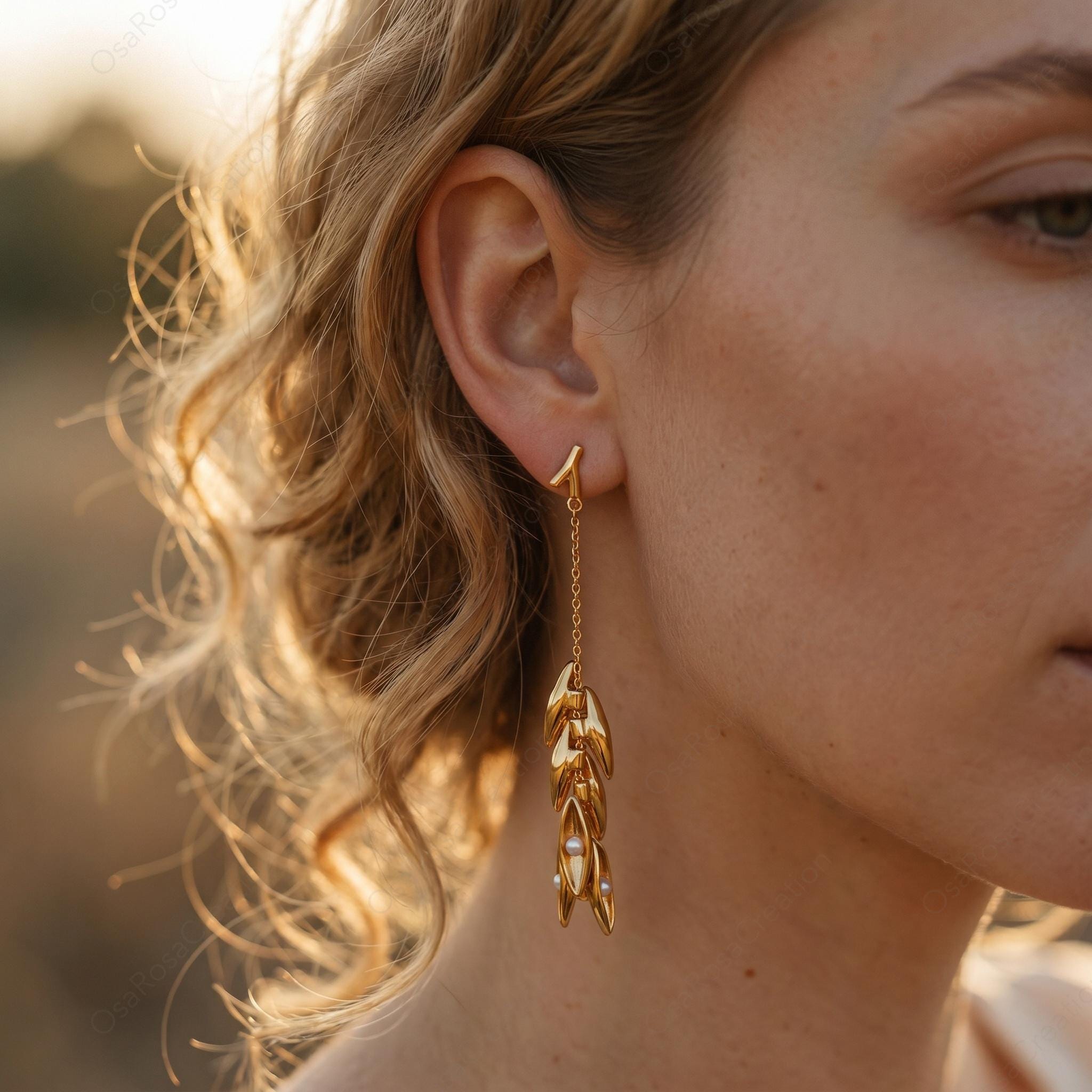 Sculptural Gold Pearl Drop Earrings, Nature Inspired Botanical Jewelry