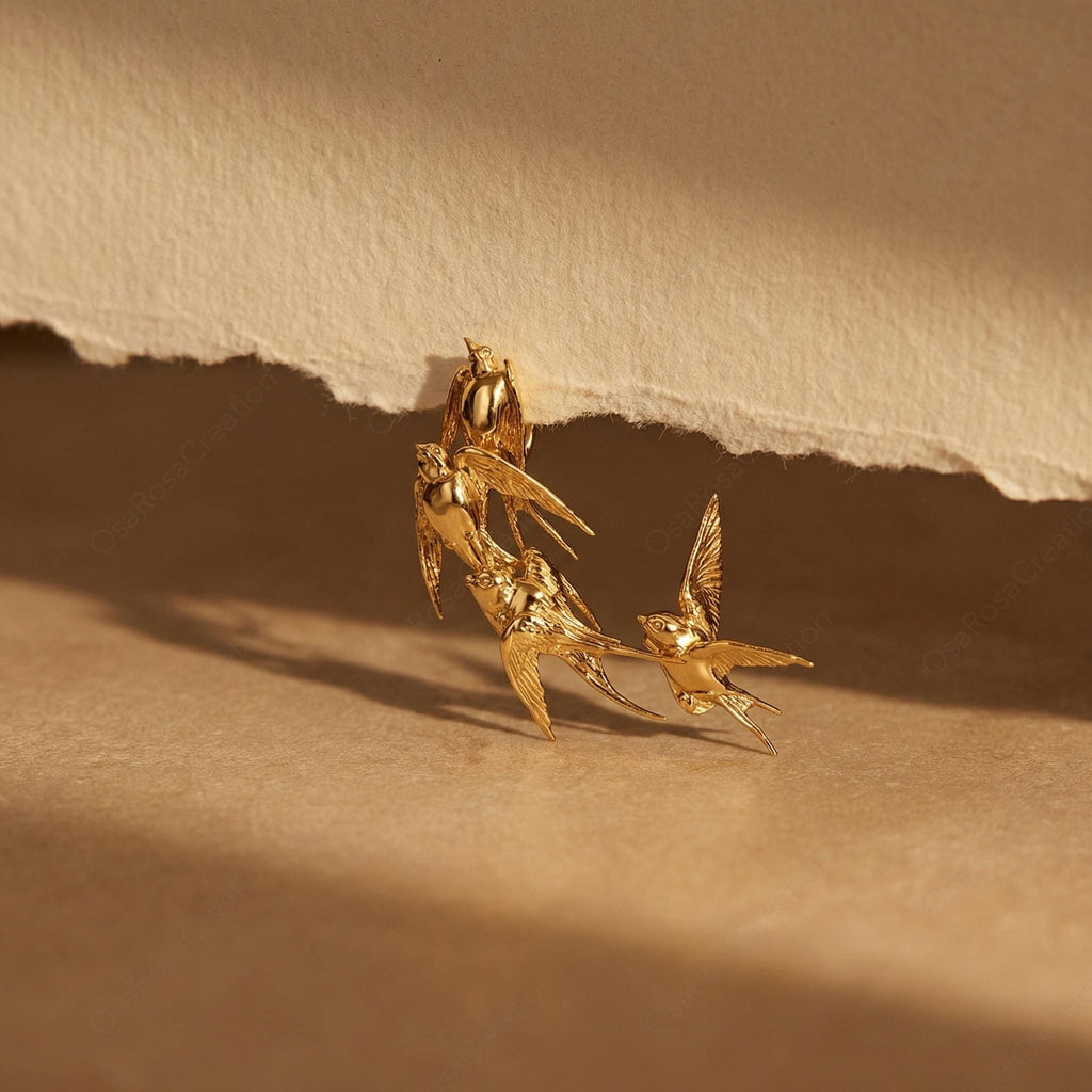 Gold Swallow Flock Earrings: Sculptural Bird Clip-on, Nature Inspired Artistic Jewelry