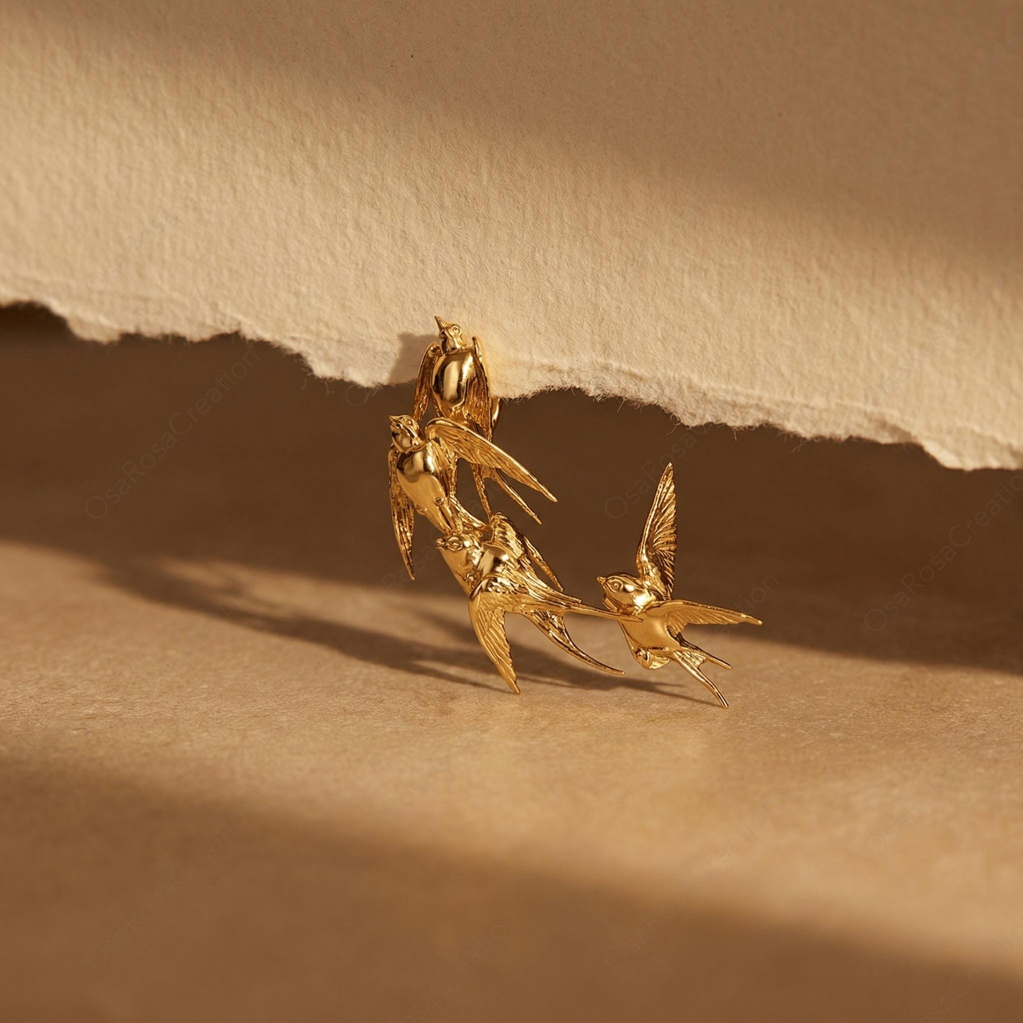 Gold Swallow Flock Earrings: Sculptural Bird Clip-on, Nature Inspired Artistic Jewelry