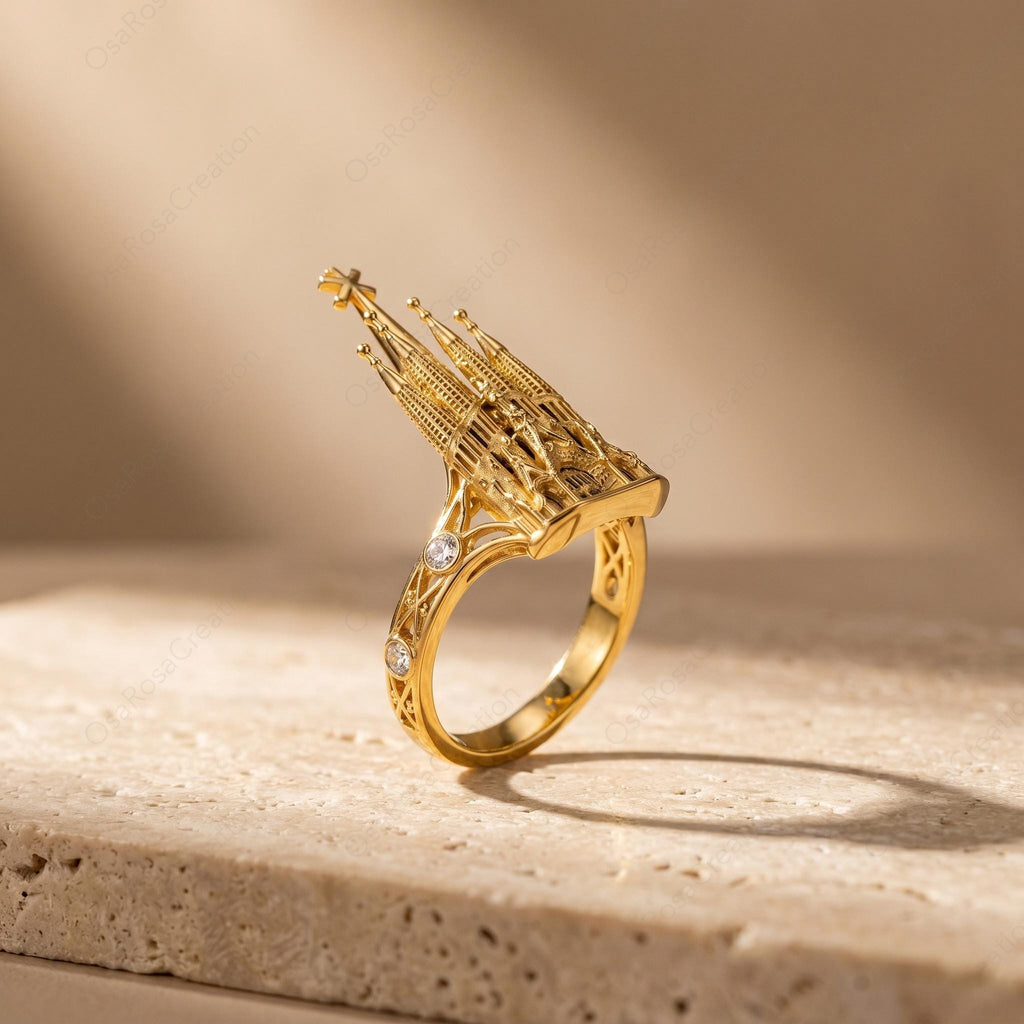 Sculptural Gold Sagrada Familia Ring, Gaudi Inspired Architectural Jewelry, Cubic Zirconia Accent