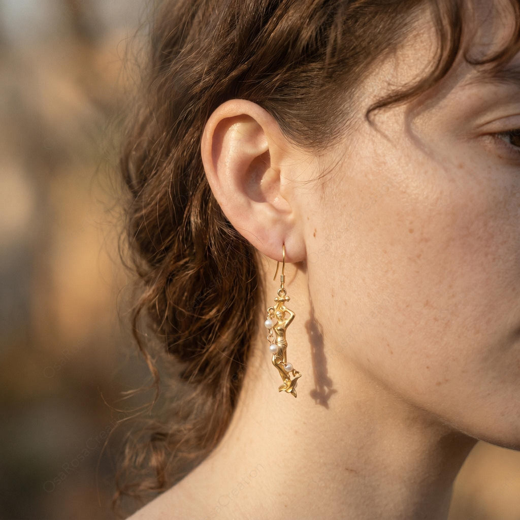 Gold Plated Mermaid Earrings | Siren, Pearl Accents, Hook or Clip