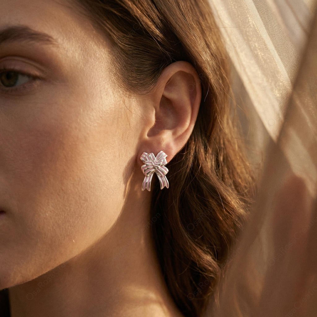 Silver Ribbon Bow Earrings, Romantic Balletcore Studs, Bridal Jewelry