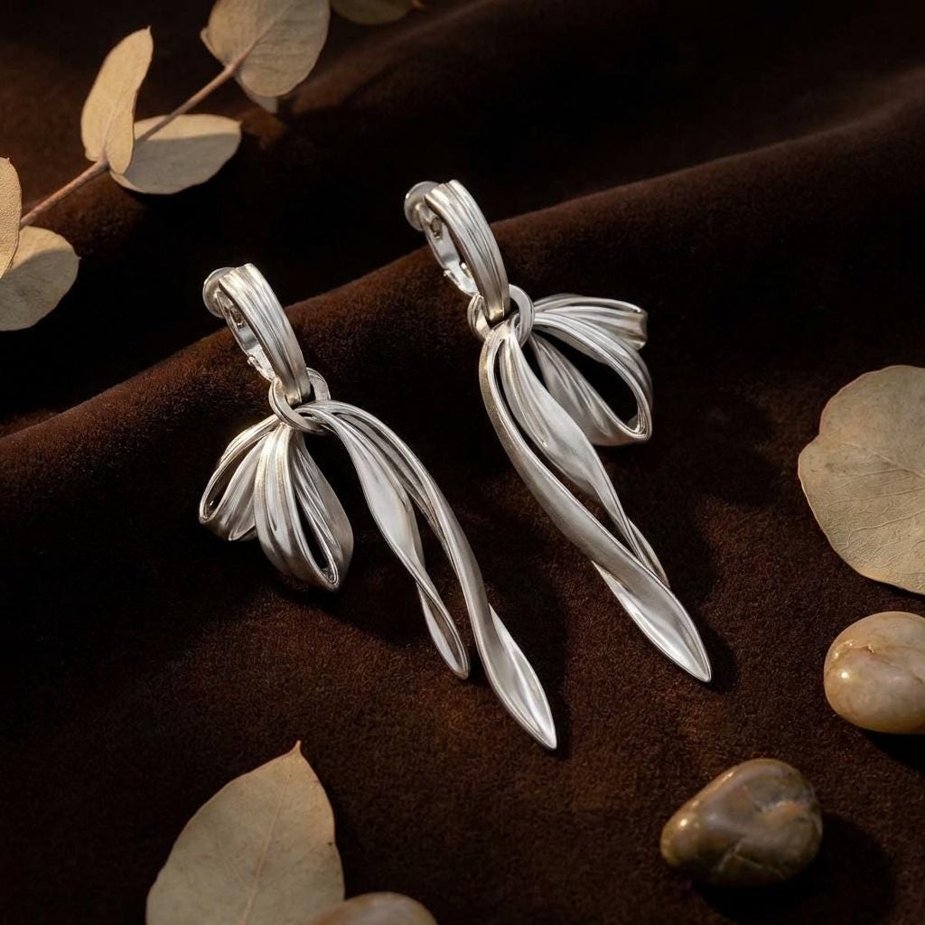 Matte Silver Ribbon Earrings • French Vintage Dangle