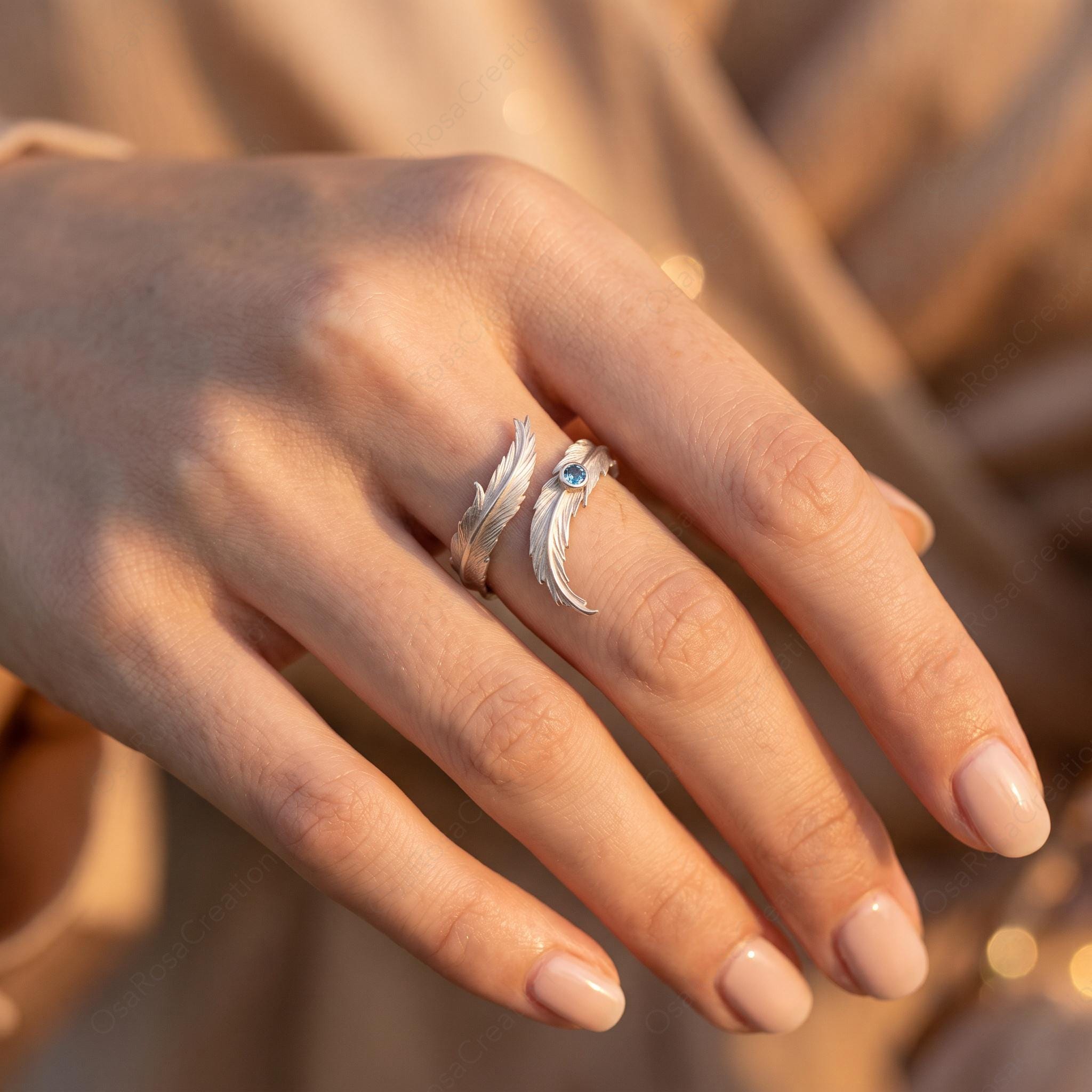 Silver Feather Wrap Ring, Blue Stone Adjustable Ring, Nature Inspired Jewelry, Quiet Luxury Silver Ring, Artistic Bohemian Ring