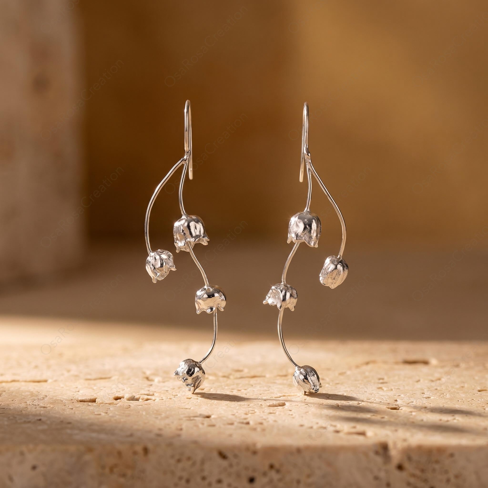 Sculptural 925 Sterling Silver Drop Earrings, Organic Botanical Dangle Jewelry