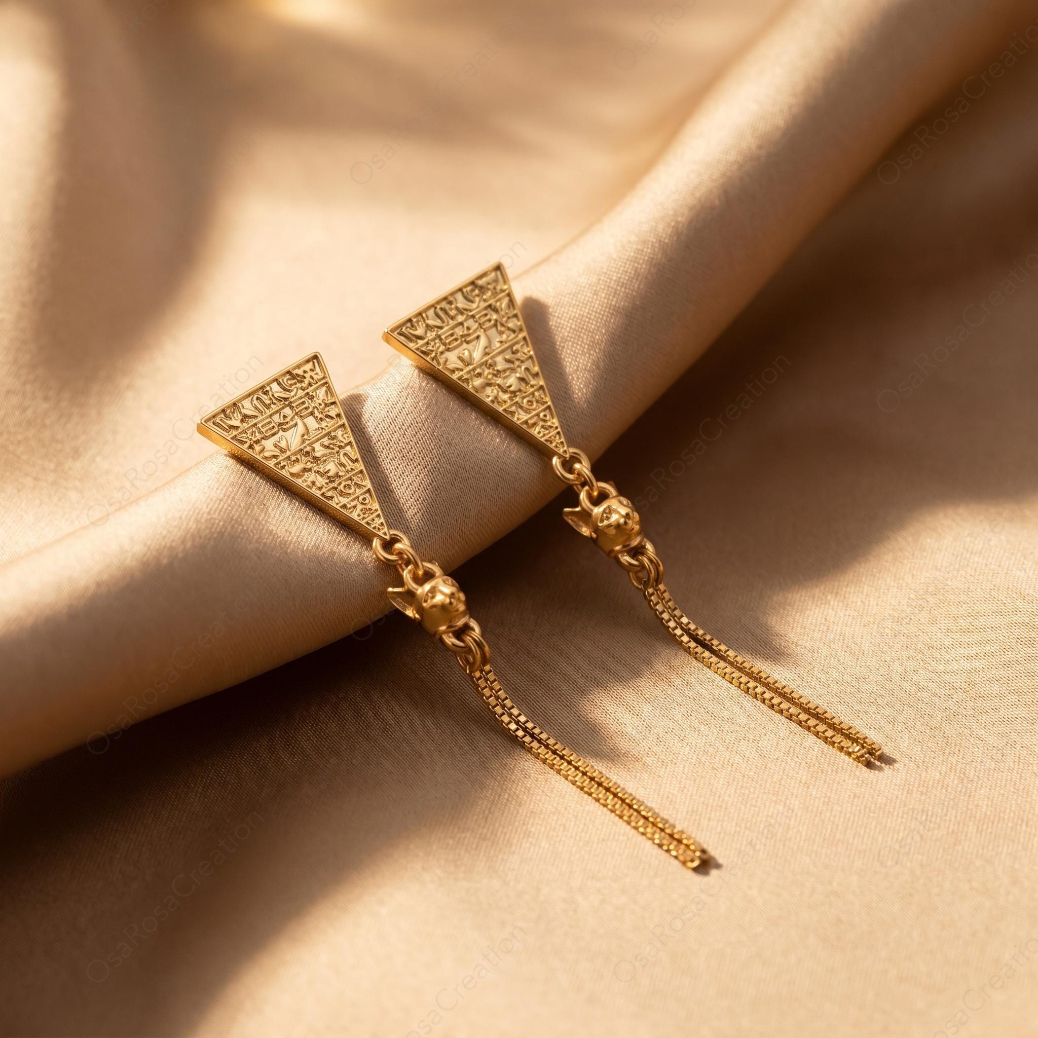 Egyptian Cat Goddess Earrings – Bastet Jewelry Gold Dangle Drop Earrings Ancient Egypt Style