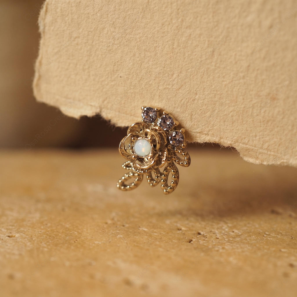 Vintage Opal Floral Stud Earrings, Gold Rose Botanical Jewelry, Amethyst Accent