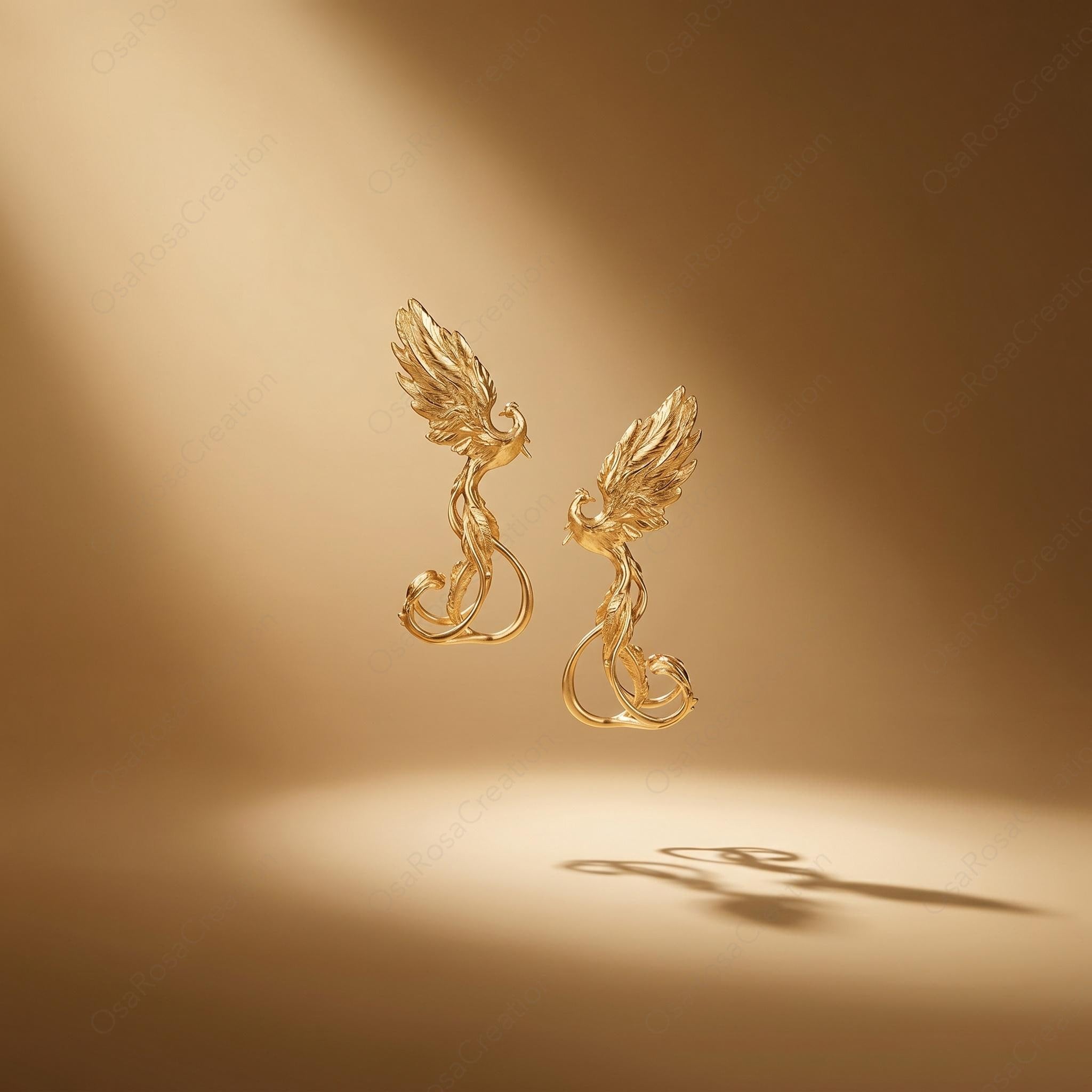 Gold Phoenix Earrings • 18k Plated Brass, S925 Post,Symbol of Rebirth & Strength •New Beginning Gift