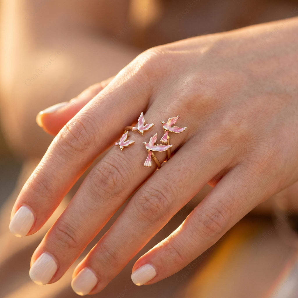 Pink Enamel Bird Ring, Gold Flying Swallow Wrap Ring, Nature Inspired Open Band, Poetic Animal Jewelry, Romantic Spring Gift for Her