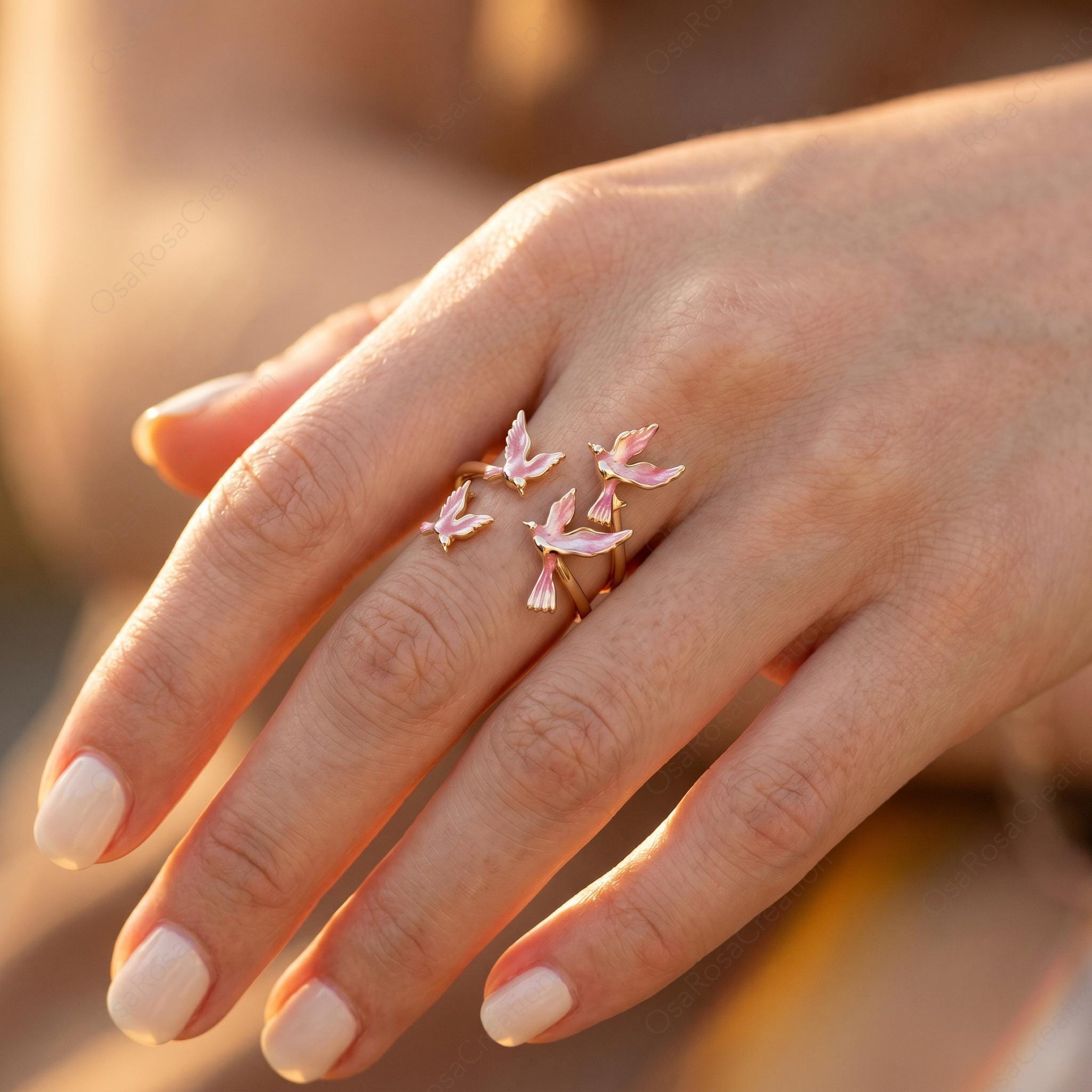 Pink Enamel Bird Ring, Gold Flying Swallow Wrap Ring, Nature Inspired Open Band, Poetic Animal Jewelry, Romantic Spring Gift for Her