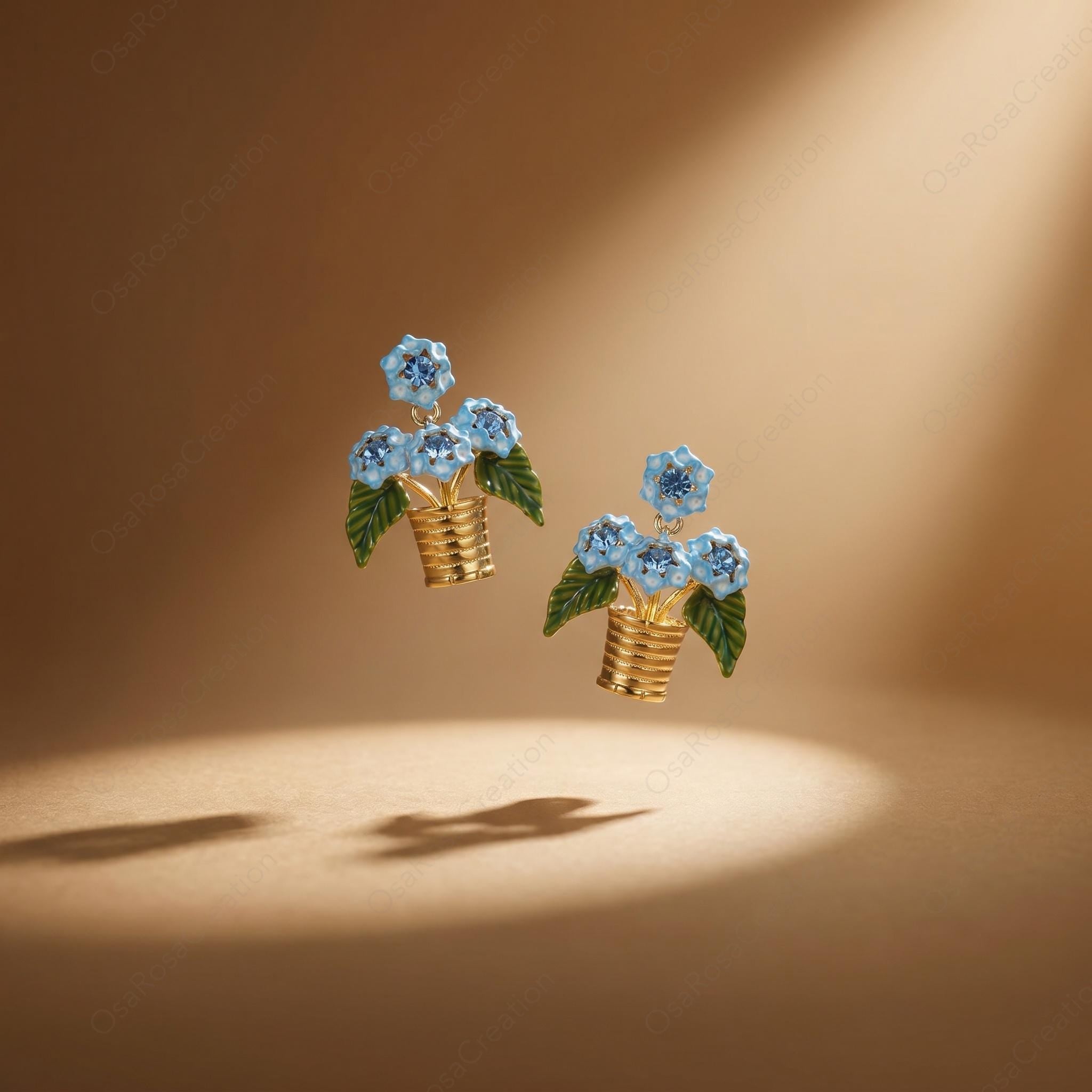 Blue Floral Basket Earrings, Vintage Enamel Flower Studs, French Garden Jewelry, Botanical Gold Earrings, Elegant Spring Accessory