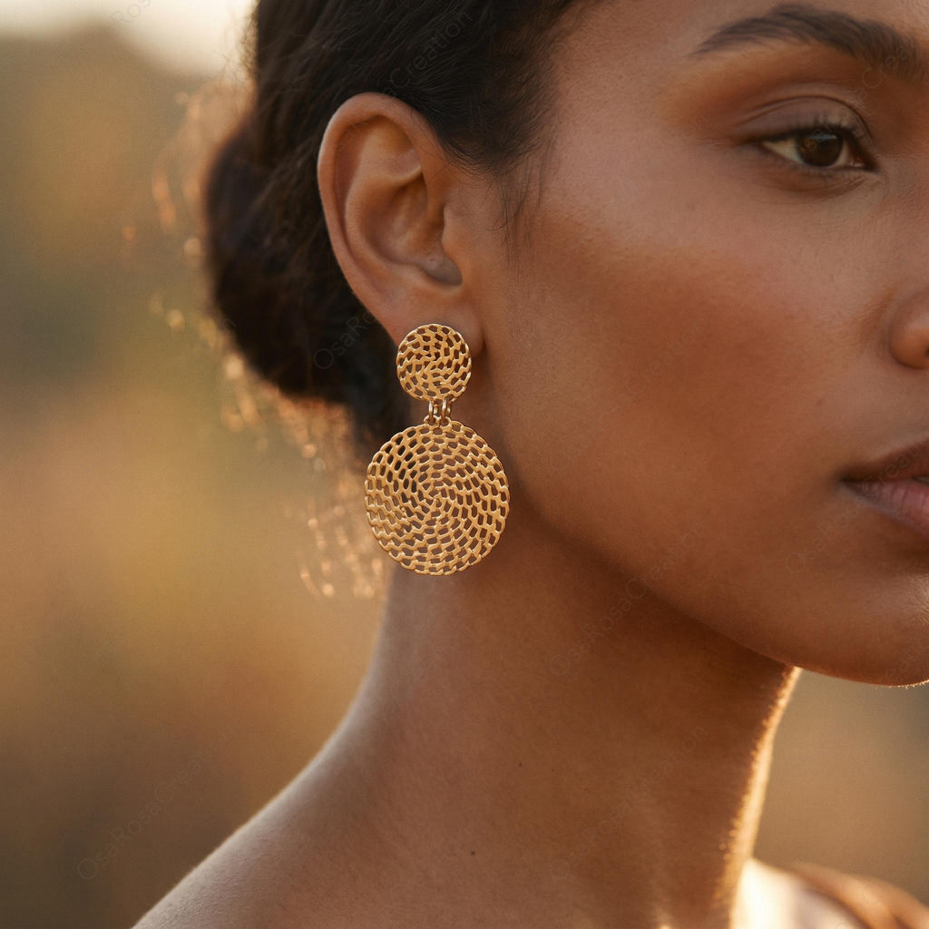 Gold Woven Disc Earrings | Geometric Drop Earrings | Filigree Circle Dangle Earrings | Mediterranean Style Jewelry | Artistic Statement