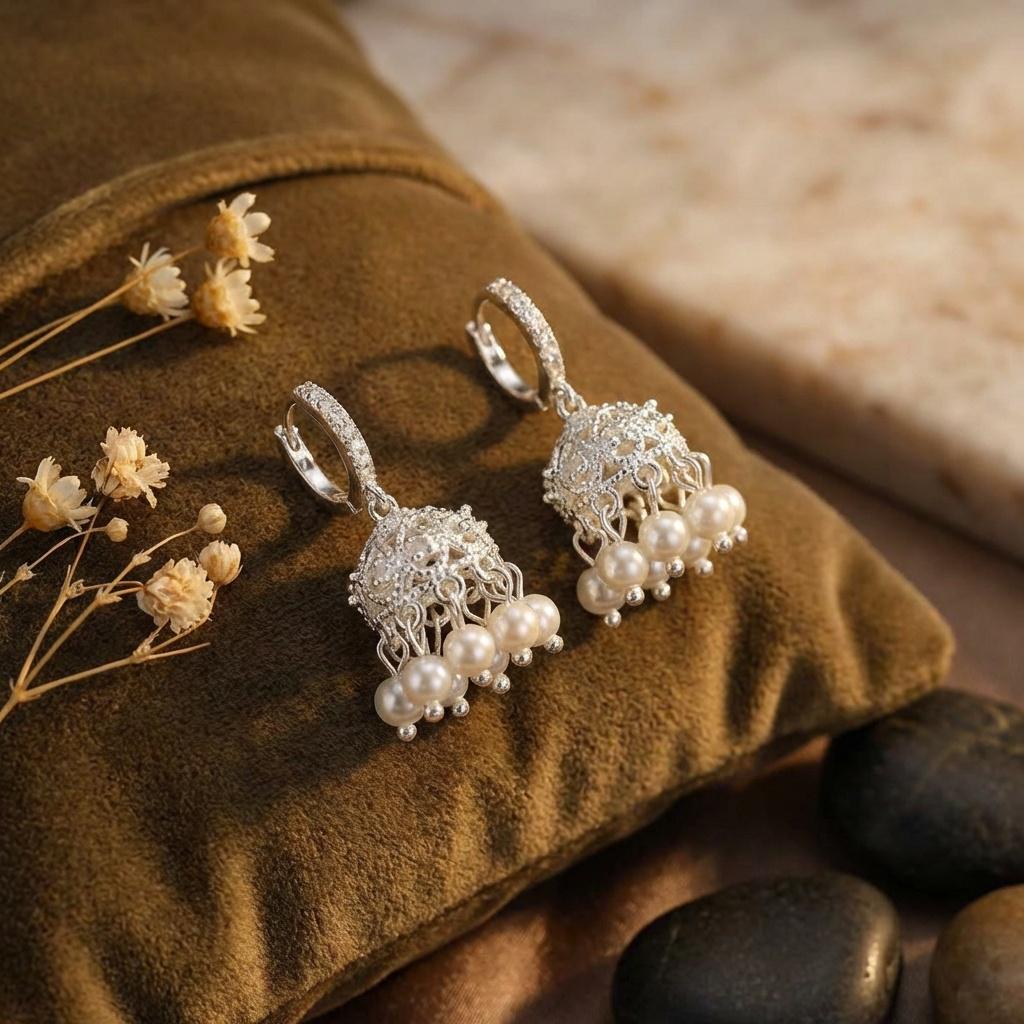 Crystal Pearl Tassel Earrings • Silver Bridal Chandelier Huggie Hoops