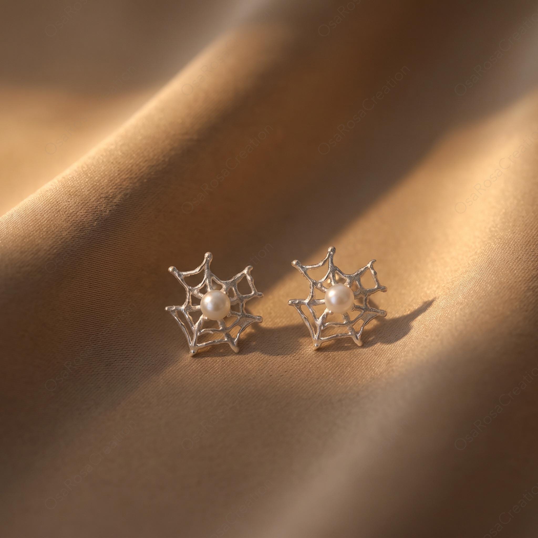 Silver Spider Web Earrings with Pearl Center