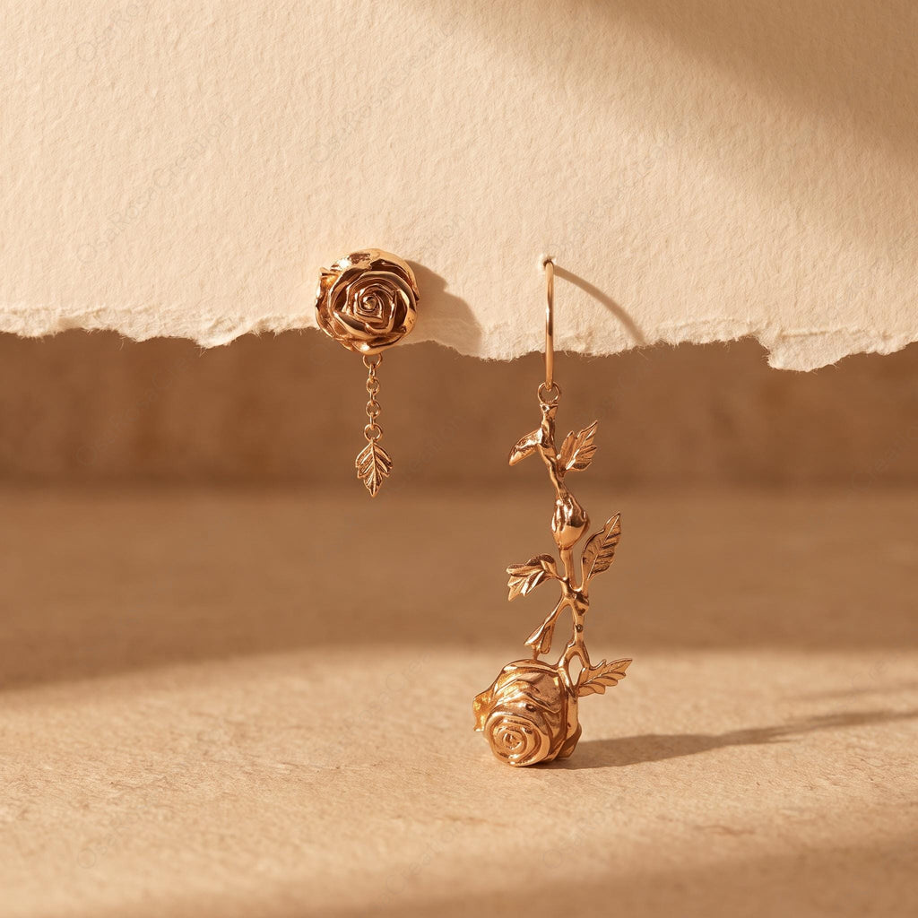 Asymmetrical Rose Earrings • 18k Gold Plated, Sterling Silver Posts