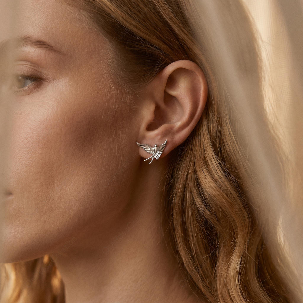 Asymmetrical Sterling Silver Swallow Earrings, Dangle Crystal Nature Jewelry