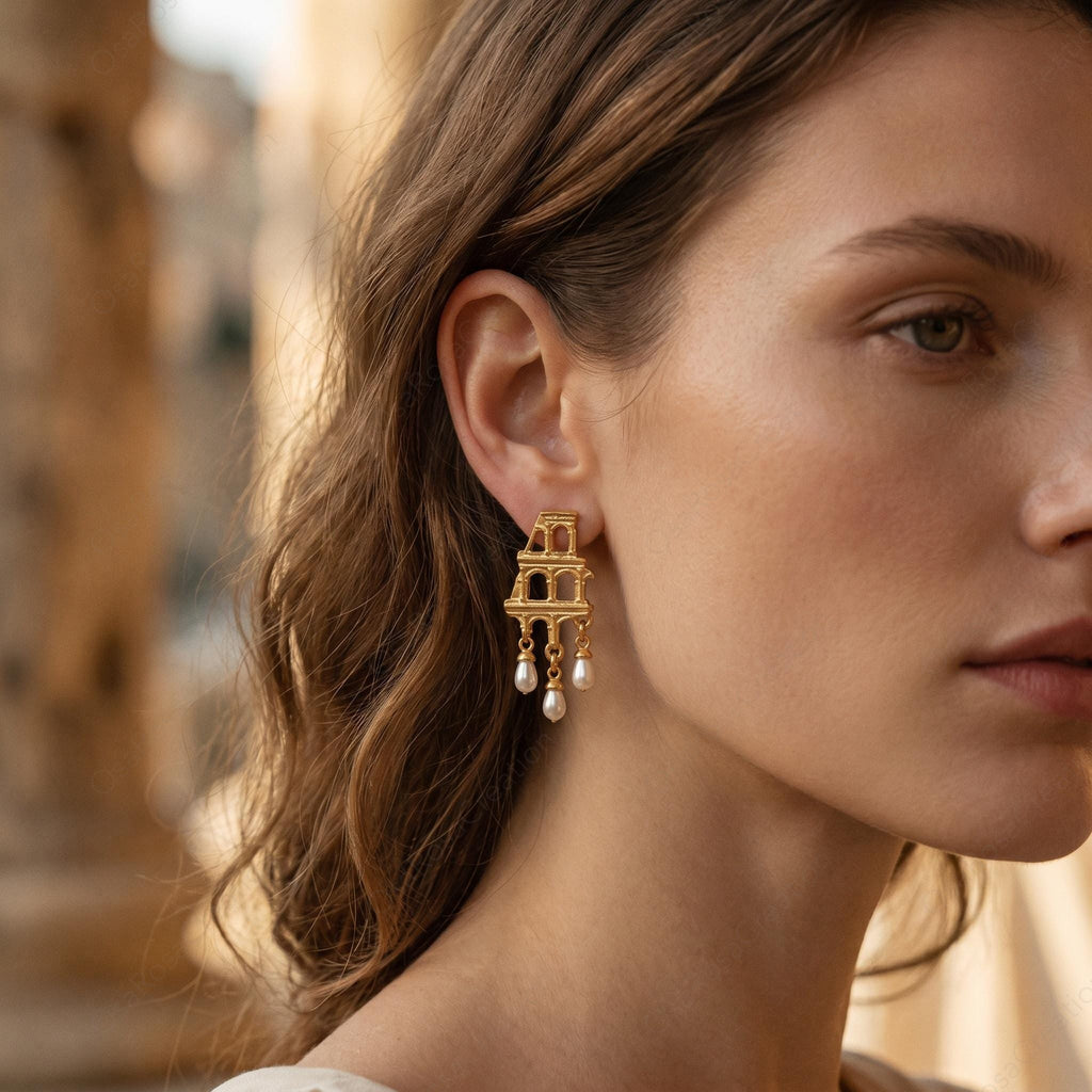 Gold Colosseum Earrings | Roman Architecture Pearl Dangle Earrings | Ancient History Jewelry | Statement Earrings | Gift for Her