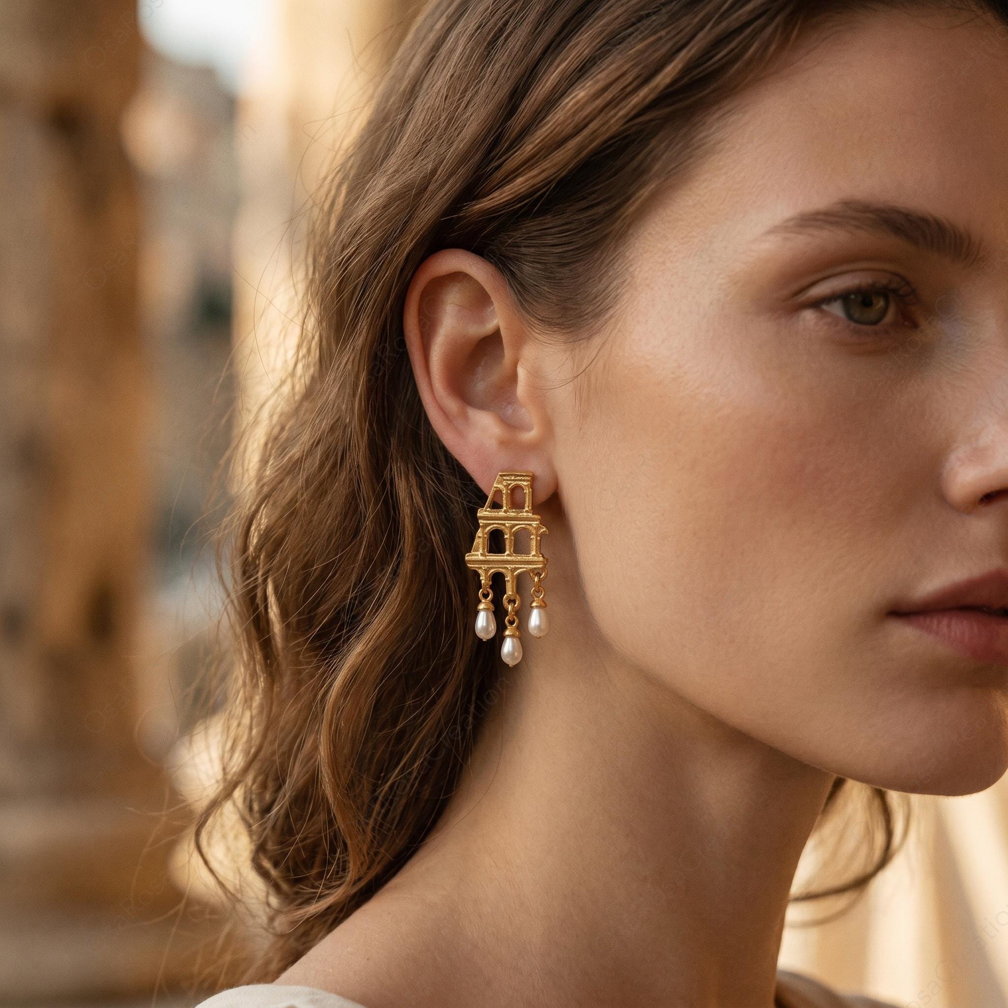 Gold Colosseum Earrings | Roman Architecture Pearl Dangle Earrings | Ancient History Jewelry | Statement Earrings | Gift for Her