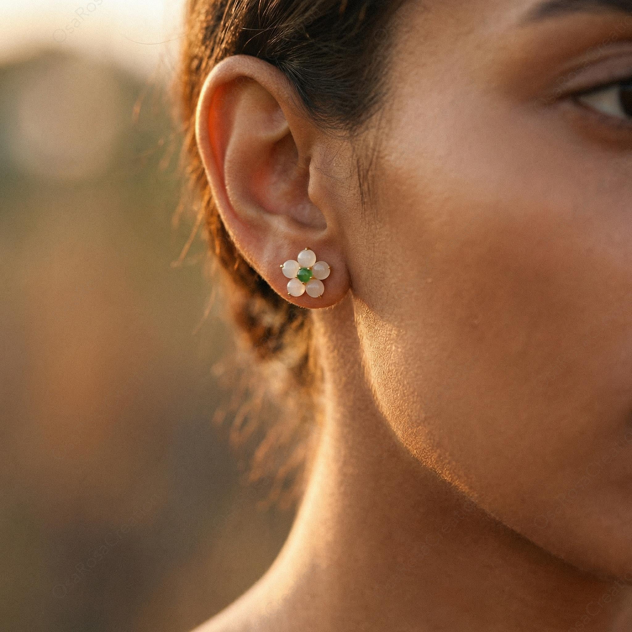 White Floral Earrings, Green Stone Botanical Dangle, Gold-Plated Brass, Sterling Silver Post