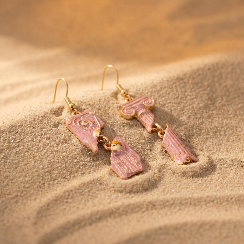 Asymmetrical Pink Pillar Earrings, Ancient Greek Architecture Jewelry, Broken Column Dangle Earrings, Classical Art History Gift for Her