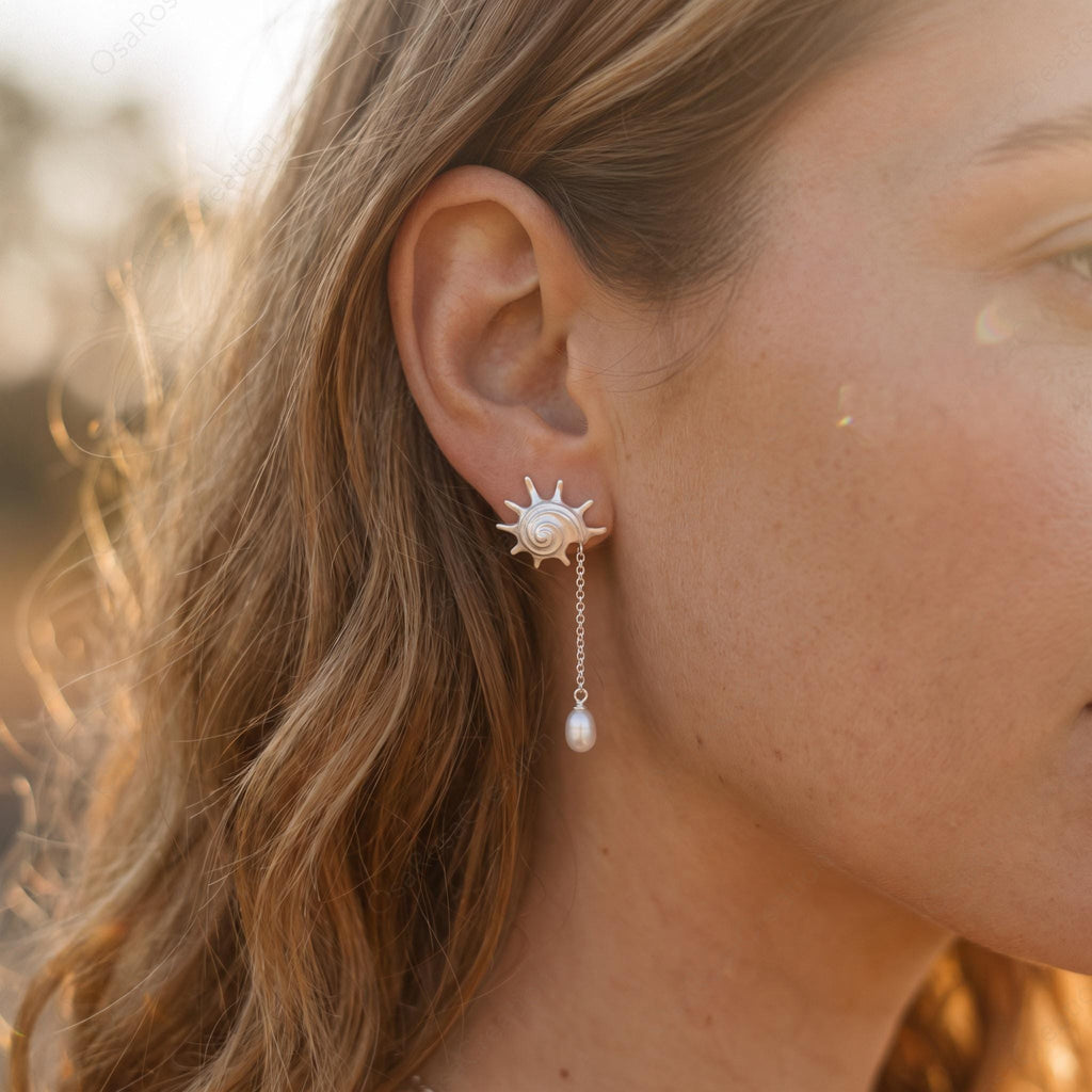 Silver Conch Shell Pearl Drop Earrings, Ocean Inspired Dangle Bridal Jewelry