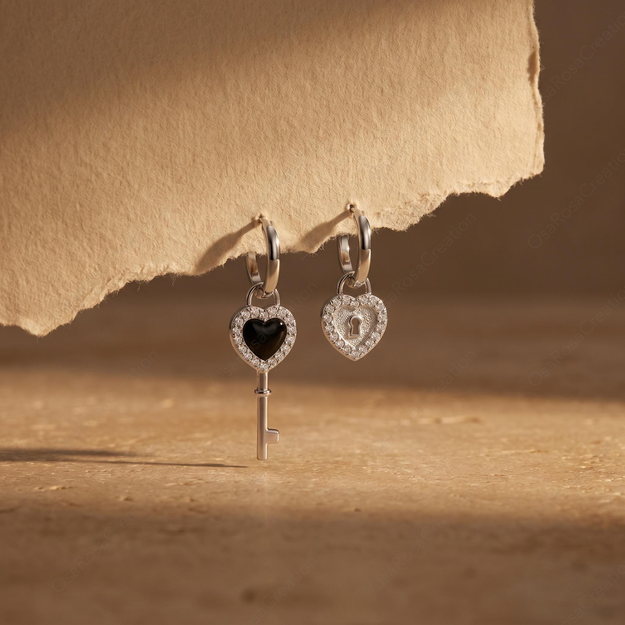 Asymmetrical Lock and Key Heart Earrings, Sterling Silver Mismatched Hoop Jewelry