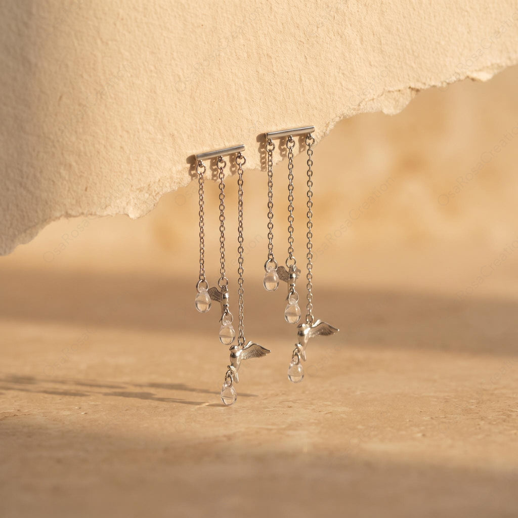 Kinetic Silver Bird Drop Earrings with Crystal Fringe – Nature Inspired Chandelier Jewelry