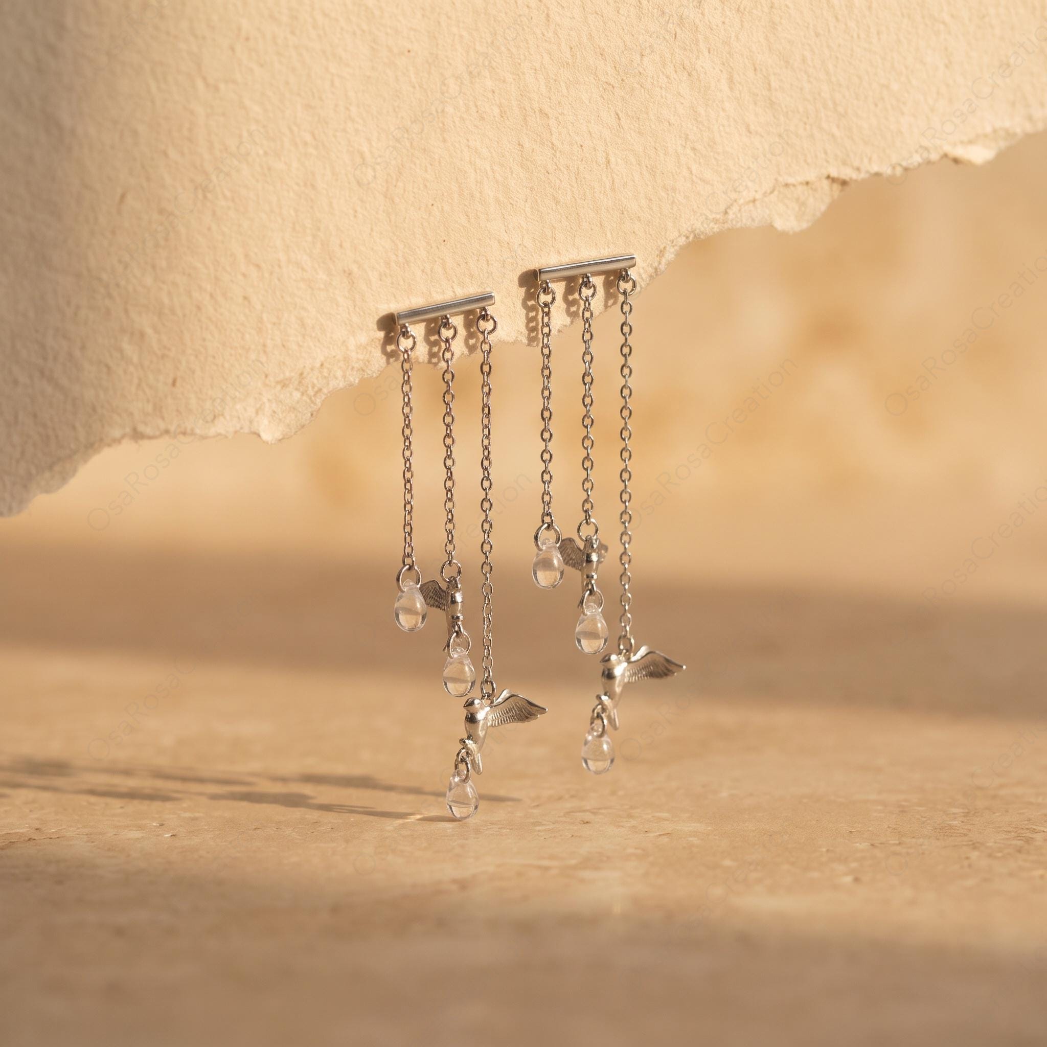 Kinetic Silver Bird Drop Earrings with Crystal Fringe – Nature Inspired Chandelier Jewelry