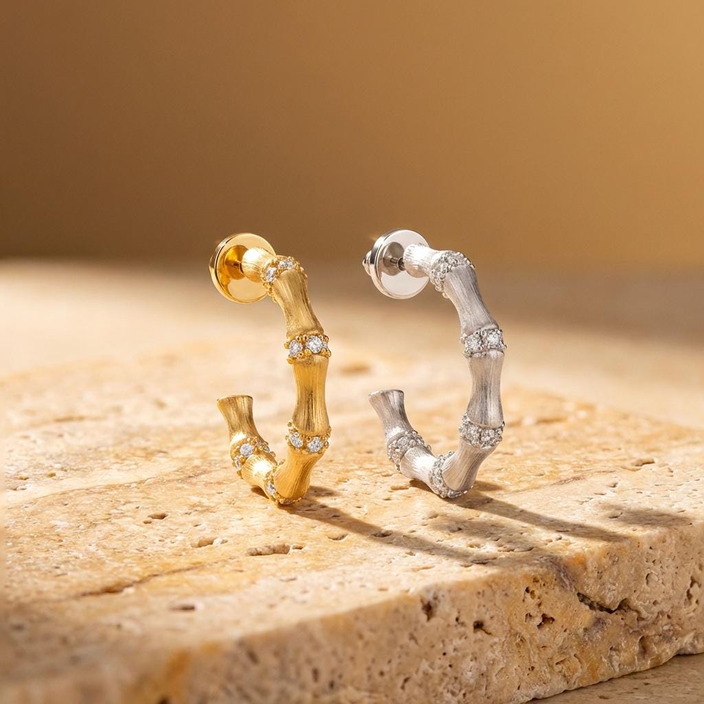 Bamboo Texture Hoop Earrings – 18K Gold Plated, Sterling Silver Post, Minimalist Nature Jewelry
