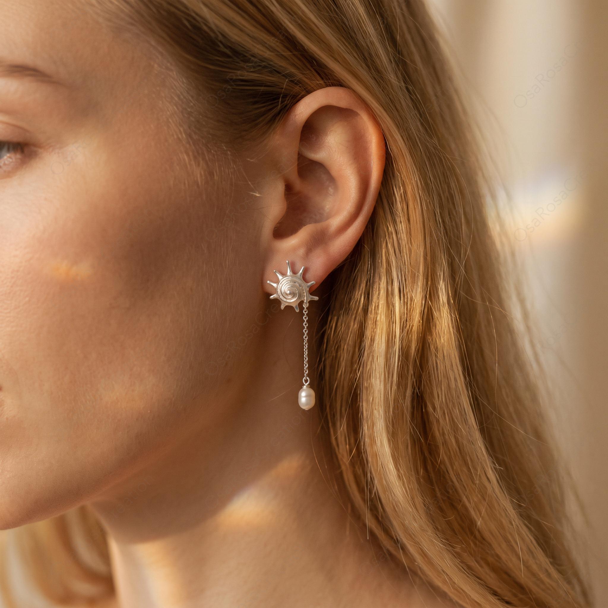 Silver Conch Shell Pearl Drop Earrings, Ocean Inspired Dangle Bridal Jewelry