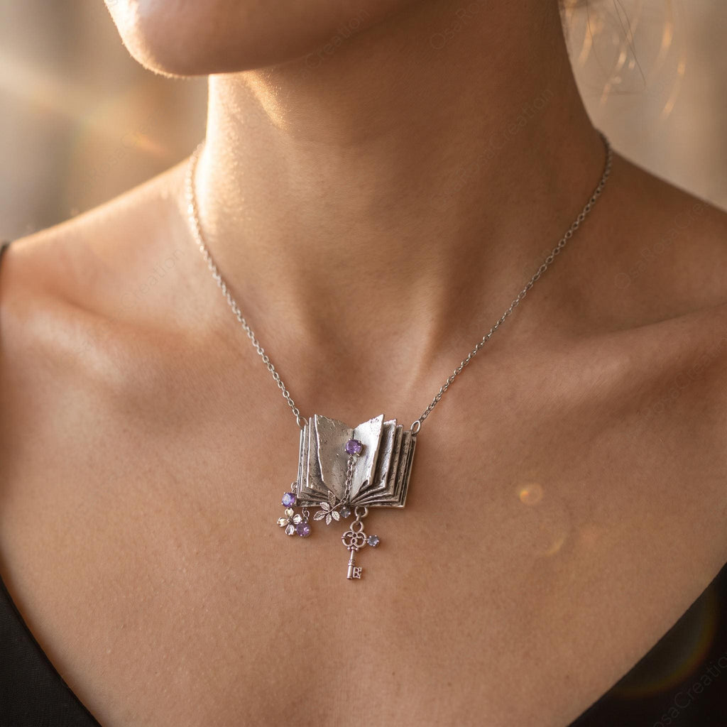 Vintage Book Necklace, Purple Gemstone Floral Key Pendant, Dark Academia Jewelry