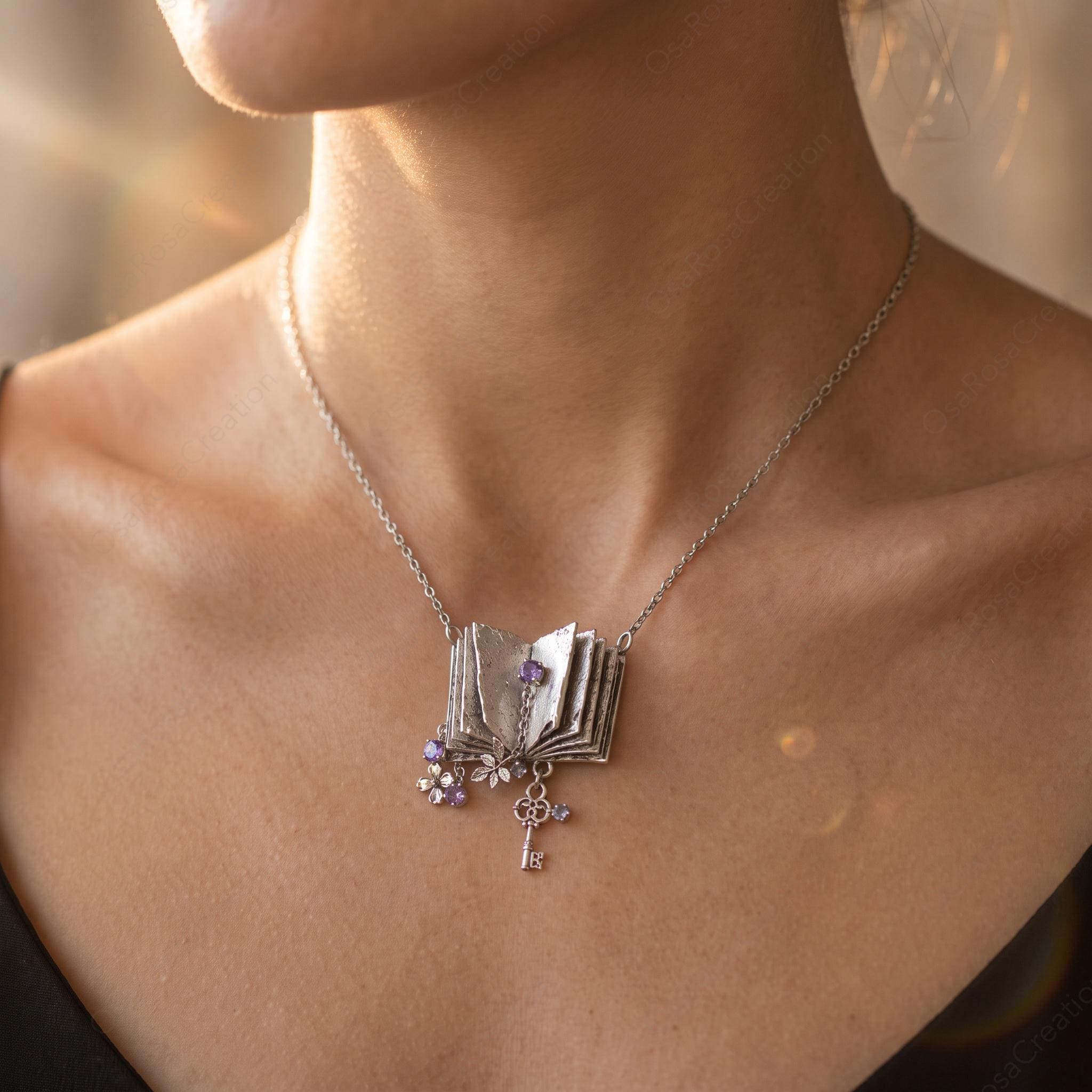 Vintage Book Necklace, Purple Gemstone Floral Key Pendant, Dark Academia Jewelry